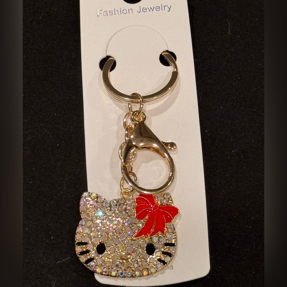 BAG CHARM Glittering Red Bow Cat Face Hello Kitty Keychain